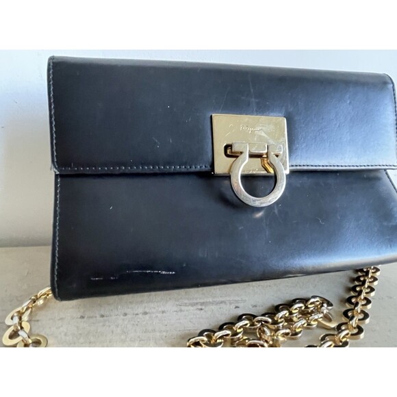 Salvatore Ferragamo Gancini Black Leather Gold Tone Chain Crossbody Shoulder Bag - Picture 5 of 16